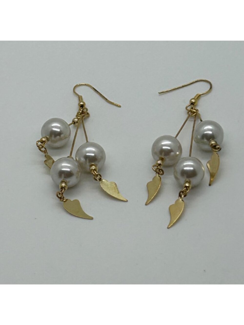 Vintage Gold--tone Faux Pearl Dangle Earrings With Leaf Charms Statement 3.25 in - Picture 6 of 14